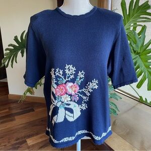 Vintage Susan Bristol 90s Floral Bouquet Embroidered Navy Cotton Blend Sweater
